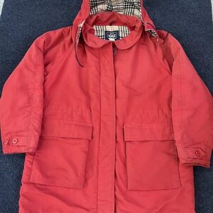 Vintage Woolrich Coat Womens Medium Red Hooded Plaid Lined Parka USA 80s